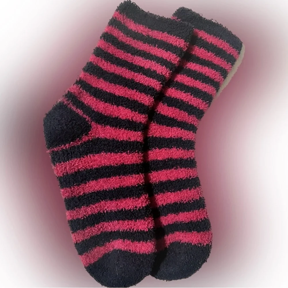 🍄Fuzzy Sock Calf Length Horizontal Stripe Pink Blue Warm Durable Winter